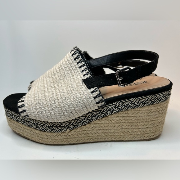 JustFab Shoes - Just Fab Espadrille Woven Black & Cream Open Toe Platform Wedge Size 9